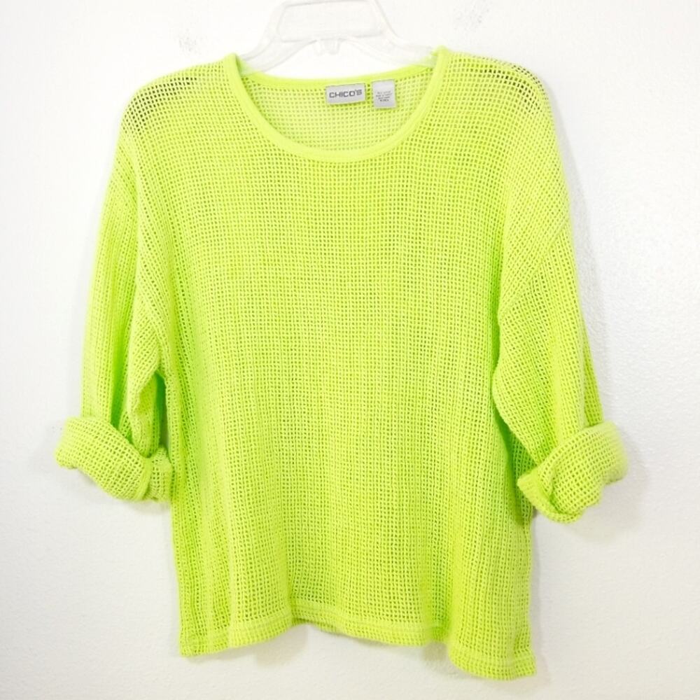 Chicos neon lime green net open knit tunic top